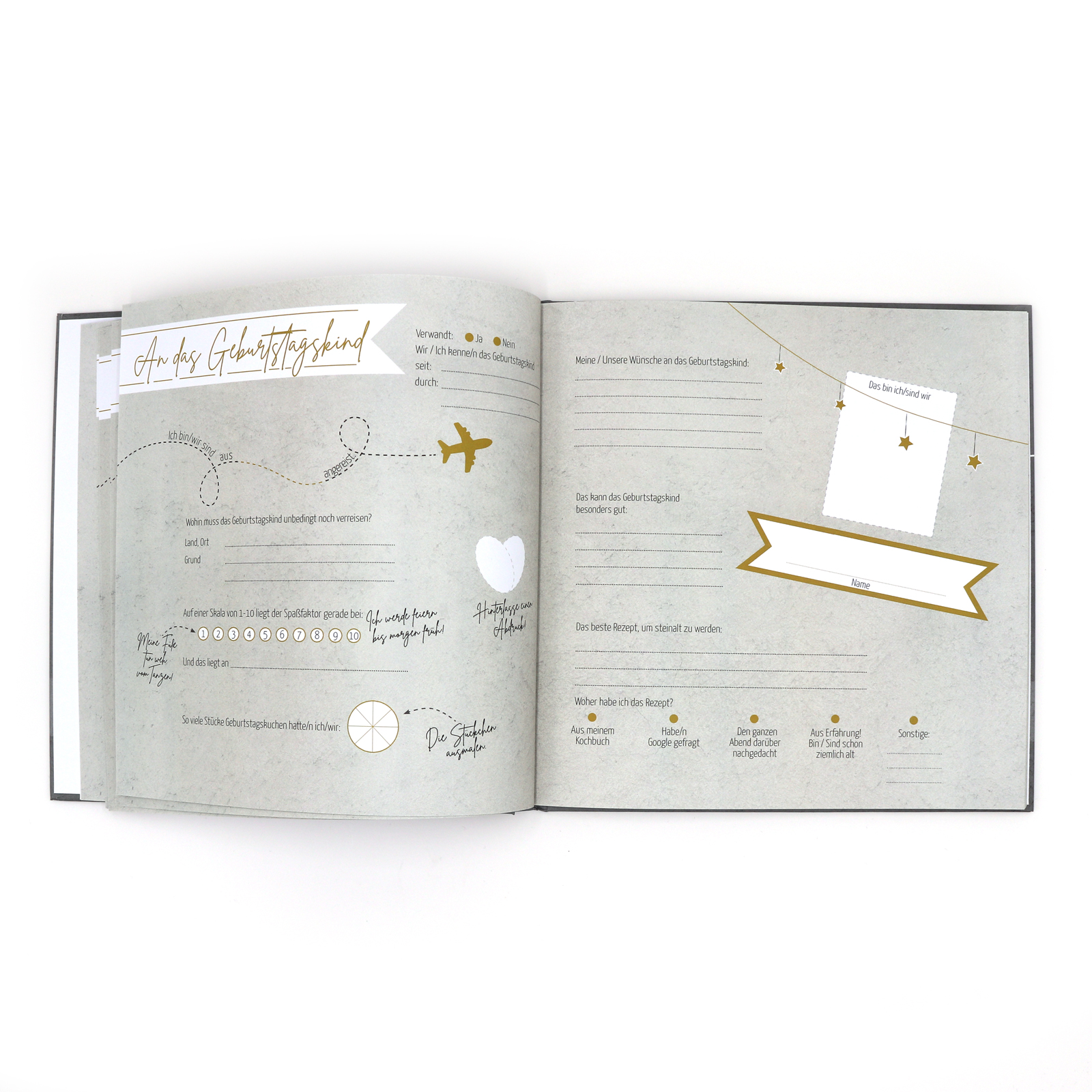 Gästebuch Geburtstag mit Fragen Hardcover + Fadenheftung - grau - 80 Seiten