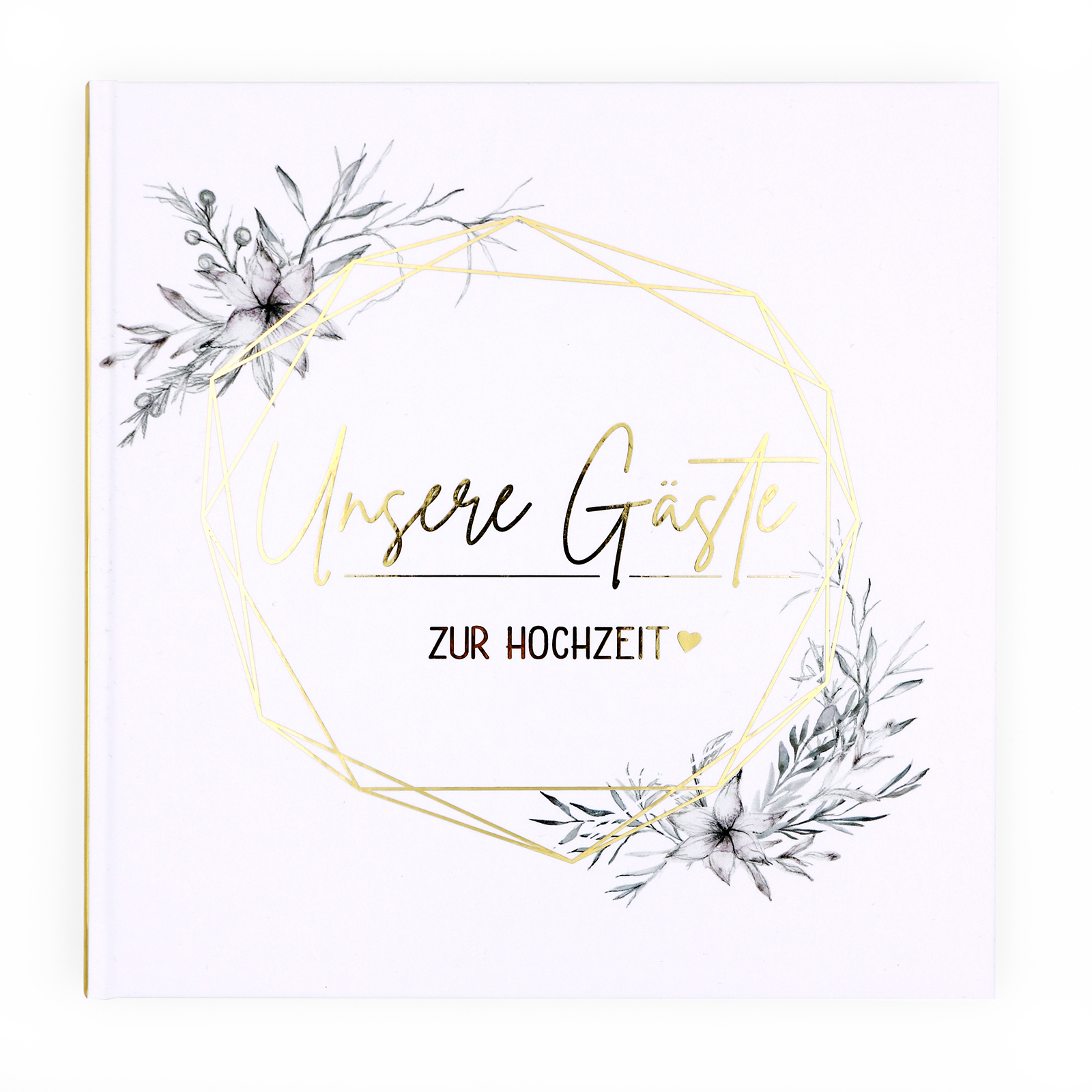 Gästebuch Hochzeit mit Fragen >Grazile mit Herz< - Gold Heissfolie - Hardcover + Fadenheftung - 120