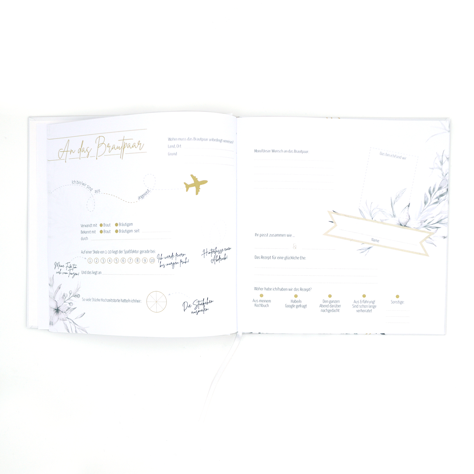 Gästebuch Hochzeit mit Fragen >Grazile mit Herz< - Gold Heissfolie - Hardcover + Fadenheftung - 120