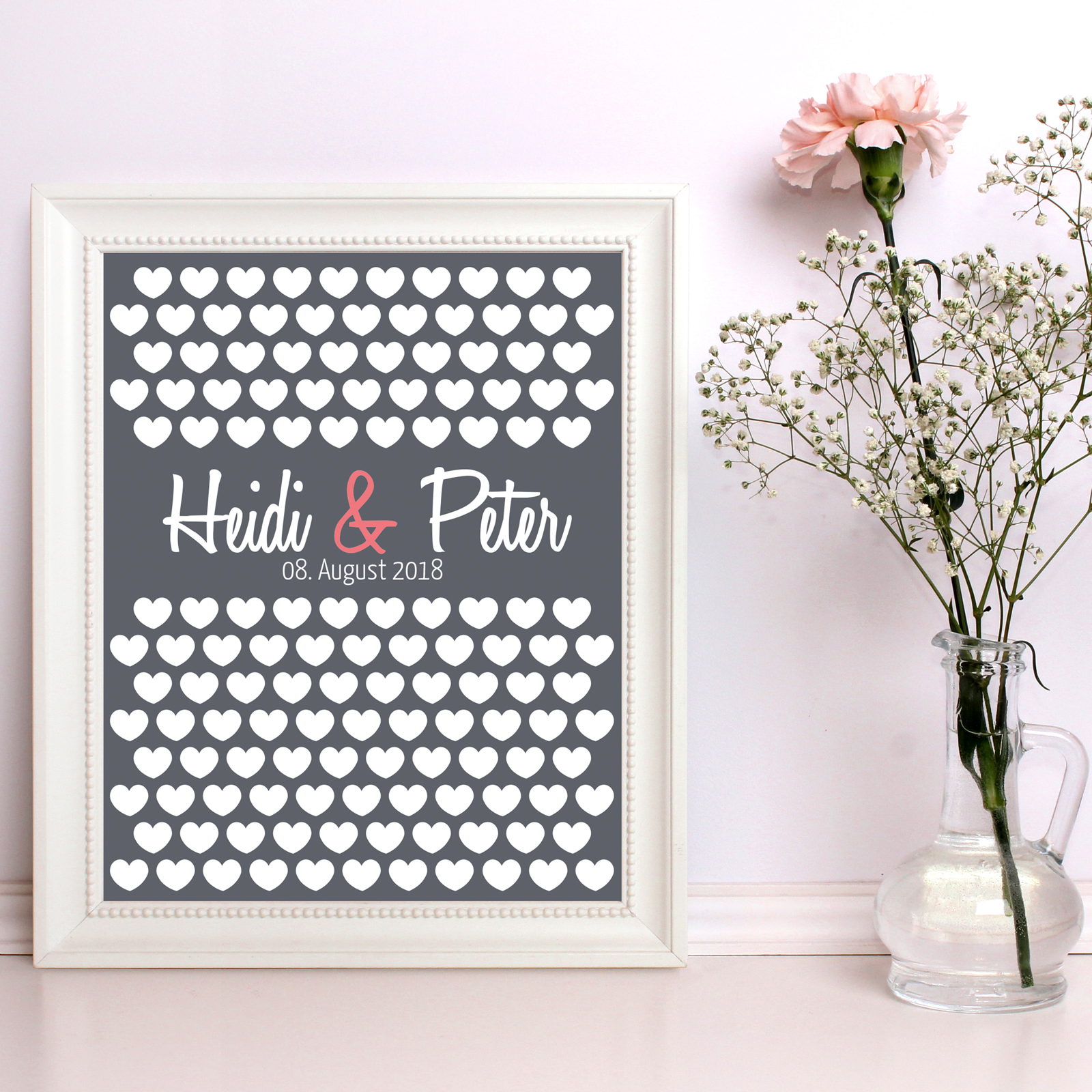 Gästebuch Hochzeit Poster 40x50cm, Graue Herzen zur Unterschrift - personalisiert